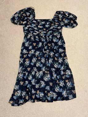 NWOT LC Lauren Conrad Navy Floral Midi Dress with Puff Sleeves, size XXL